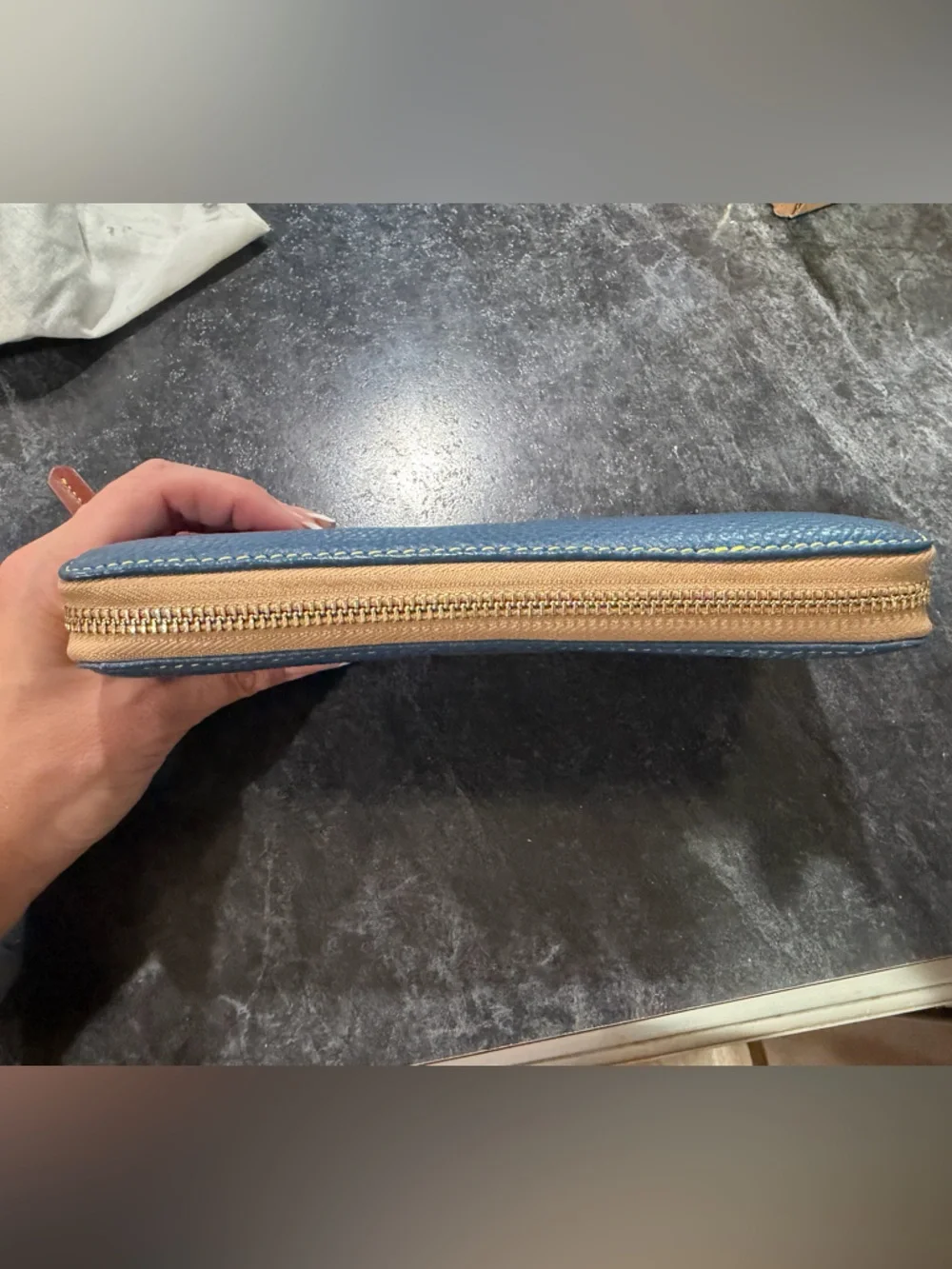 Dooney & Bourke Navy Pebbled Leather Zip Wallet with Brown Patch - Picture 2 of 11